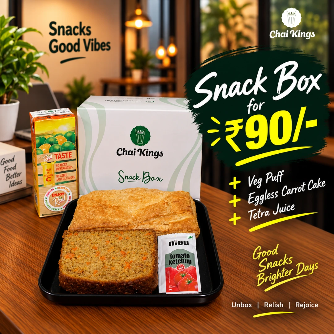 Chai Kings ₹90 Veg Puff, Carrot Cake & Juice Box in Chennai
