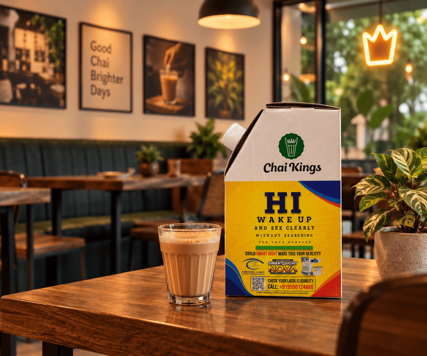 Chai Kings advertising chai flask with cutting chai in a warm café setting