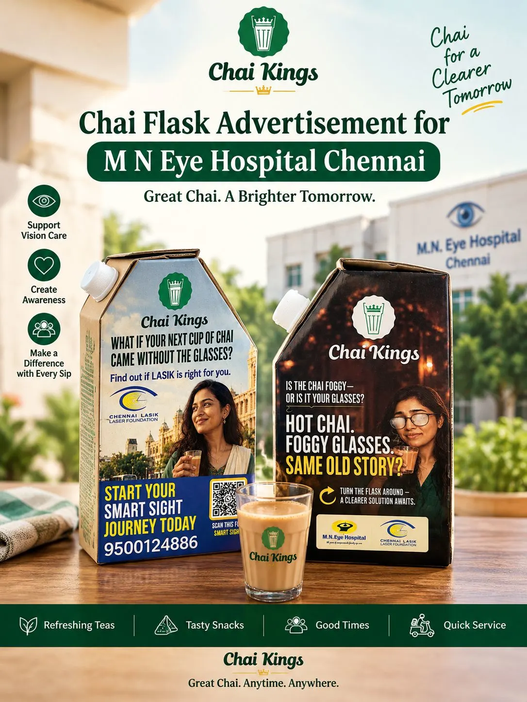 M N Eye Hospital advertisement on Chai Kings chai flask, Chennai eye care flask branding campaign