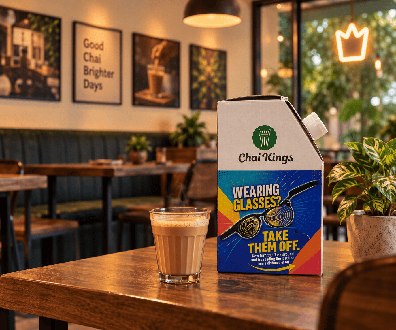 Chennai Lasik Laser Foundation advertisement on Chai Kings chai flask, wearing glasses take them off vision test campaign