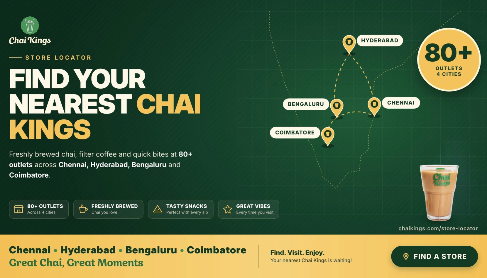 Chai Kings store locator — chai shops across Chennai, Hyderabad, Coimbatore and Bengaluru