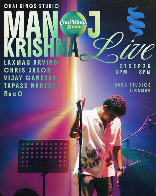 Manoj Krishna live concert poster and crowd at Aura Studios during the Chai Kings Studio Indie Music Festival