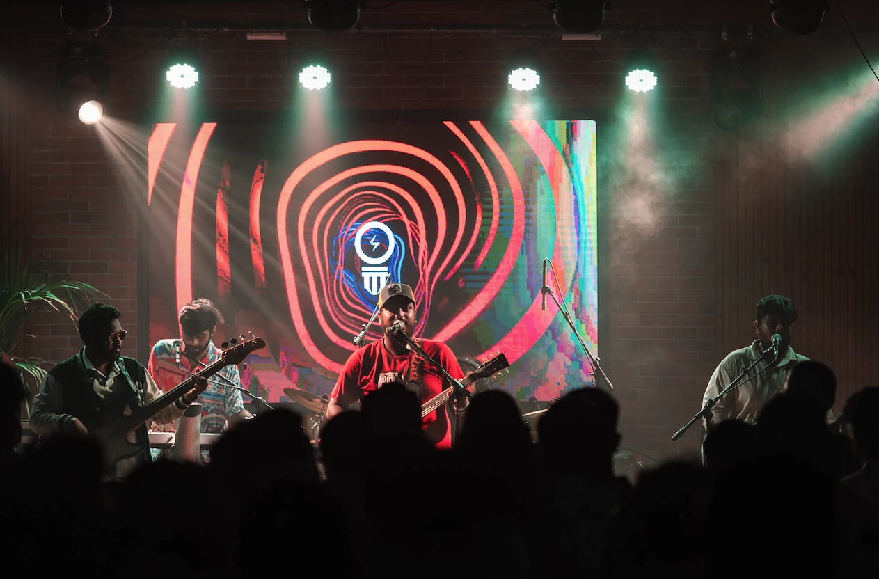 Spotlight The Band performing live at Aura Studios, Chennai, during the Chai Kings Studio Indie Music Festival